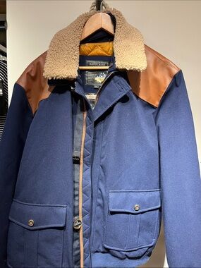 RAINFOREST Navy Jacket with Tan Accents and Cream Sherpa Collar